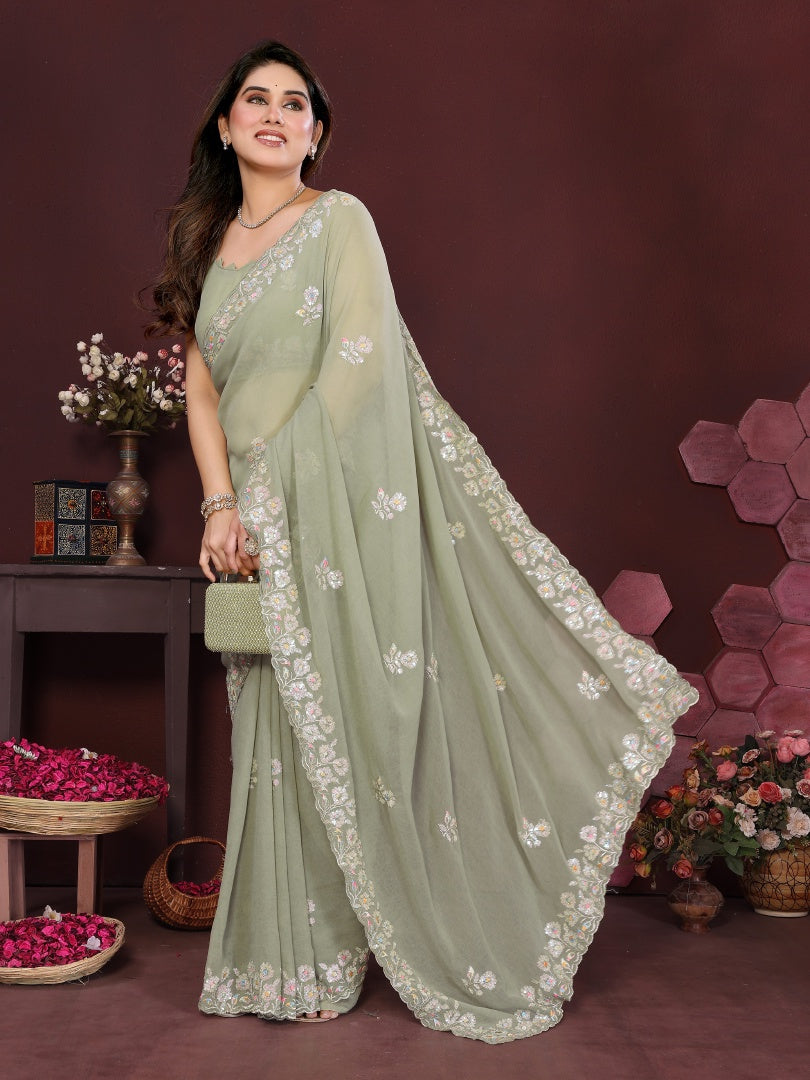 Refreshing Pista Georgette Saree with Elegant Embroidery Work & Matching Blouse