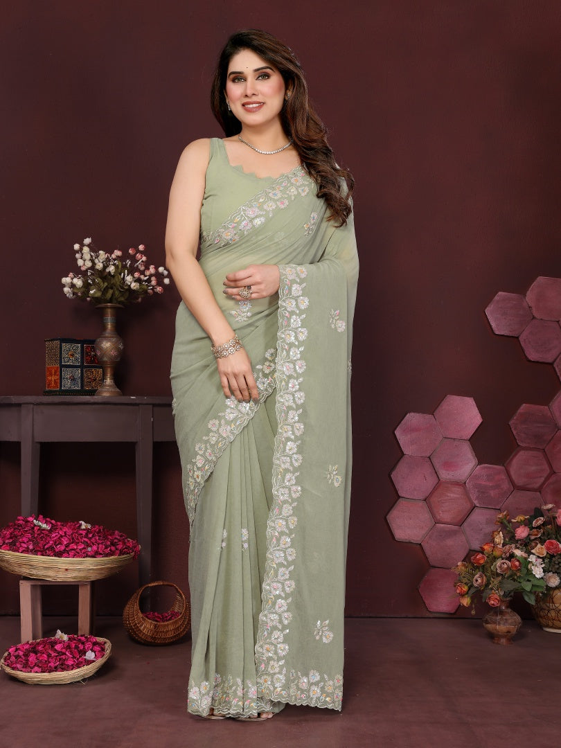 Refreshing Pista Georgette Saree with Elegant Embroidery Work & Matching Blouse