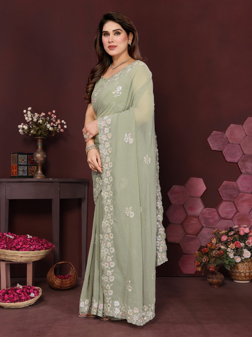 Refreshing Pista Georgette Saree with Elegant Embroidery Work & Matching Blouse