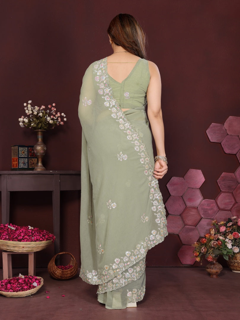 Refreshing Pista Georgette Saree with Elegant Embroidery Work & Matching Blouse