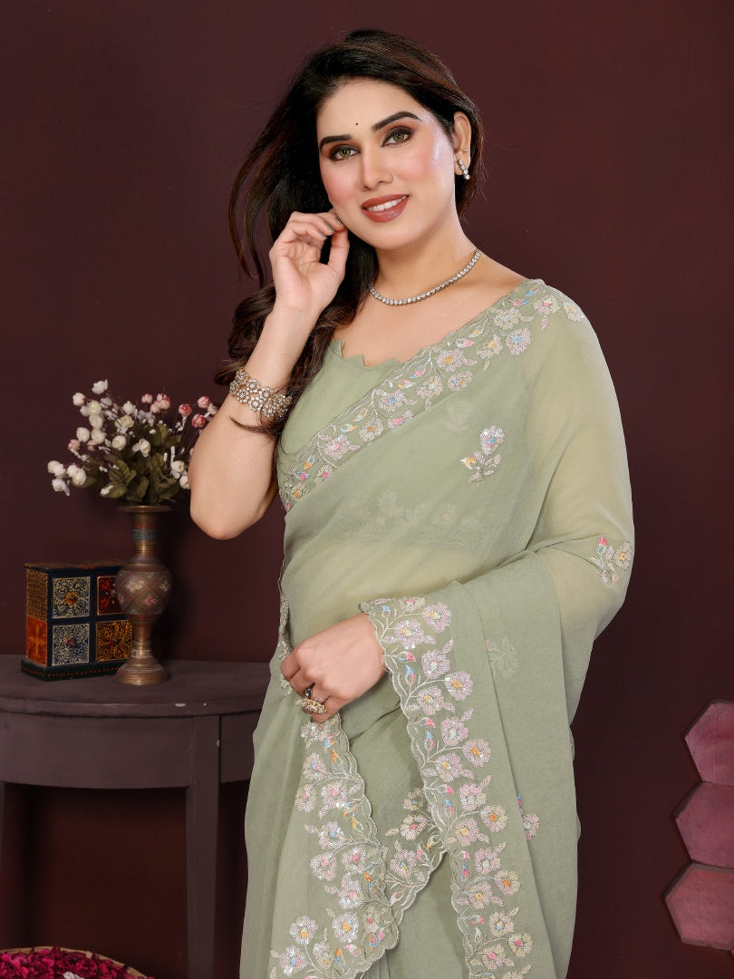 Refreshing Pista Georgette Saree with Elegant Embroidery Work & Matching Blouse