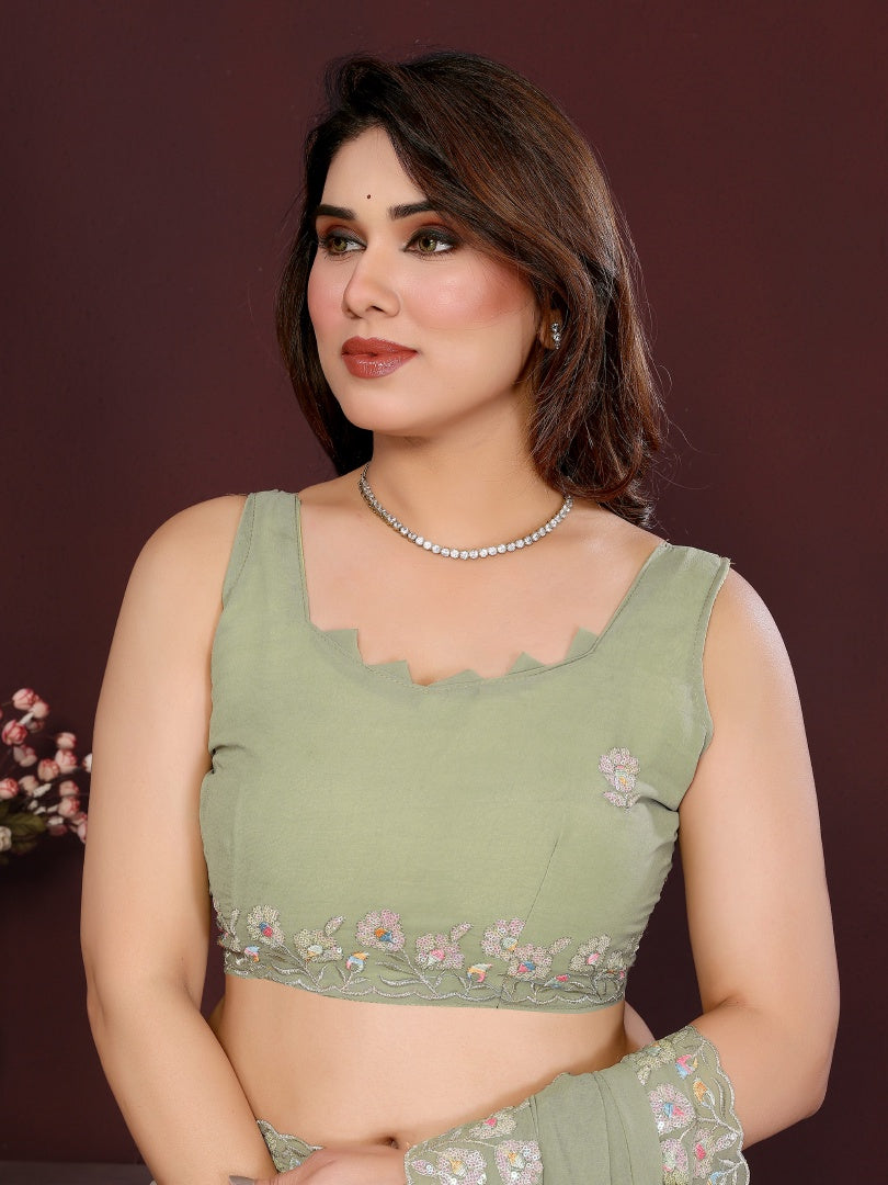 Refreshing Pista Georgette Saree with Elegant Embroidery Work & Matching Blouse