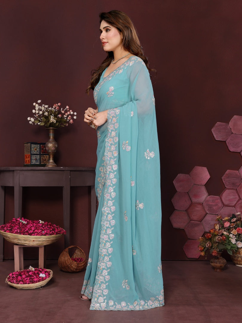 Stunning Turquoise Georgette Embroidery Work Saree with Matching Embroidered Blouse