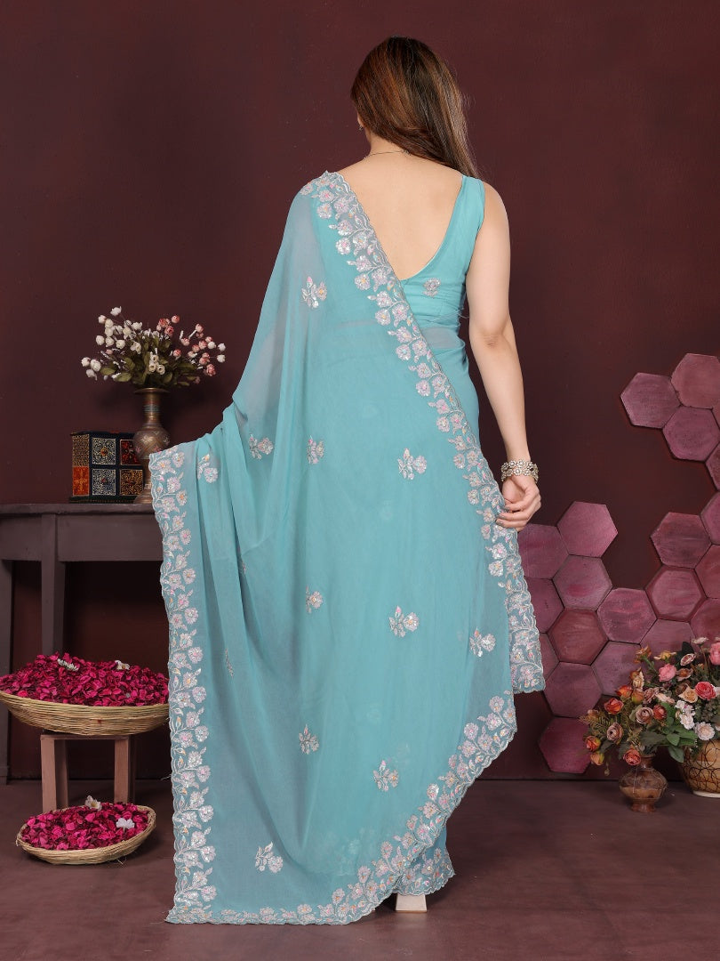 Stunning Turquoise Georgette Embroidery Work Saree with Matching Embroidered Blouse