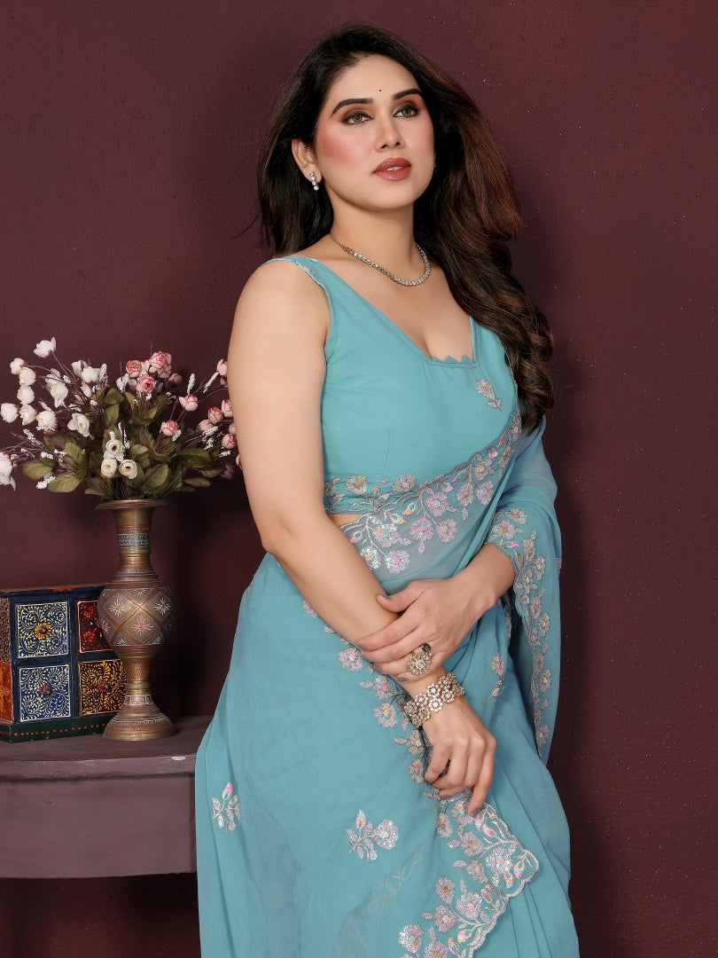 Stunning Turquoise Georgette Embroidery Work Saree with Matching Embroidered Blouse