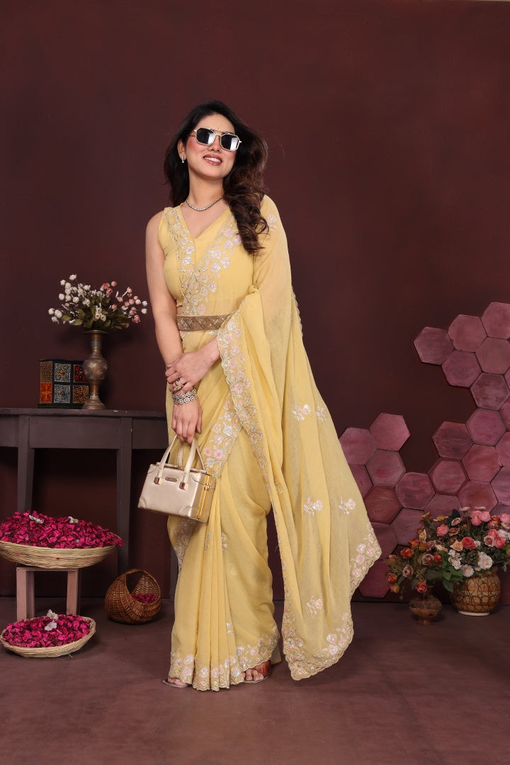 Vibrant Yellow Georgette Embroidery Work Saree with Matching Embroidered Blouse