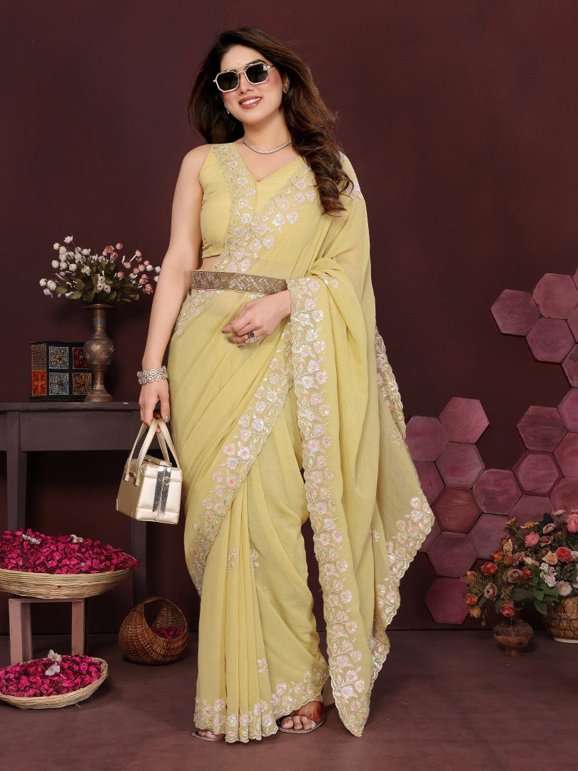 Vibrant Yellow Georgette Embroidery Work Saree with Matching Embroidered Blouse