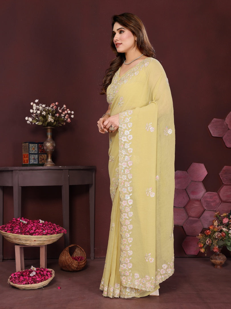Vibrant Yellow Georgette Embroidery Work Saree with Matching Embroidered Blouse