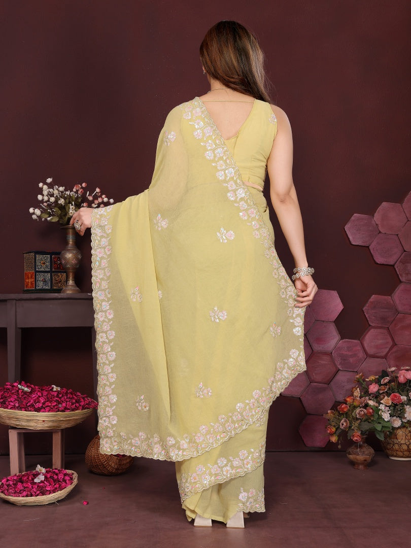 Vibrant Yellow Georgette Embroidery Work Saree with Matching Embroidered Blouse
