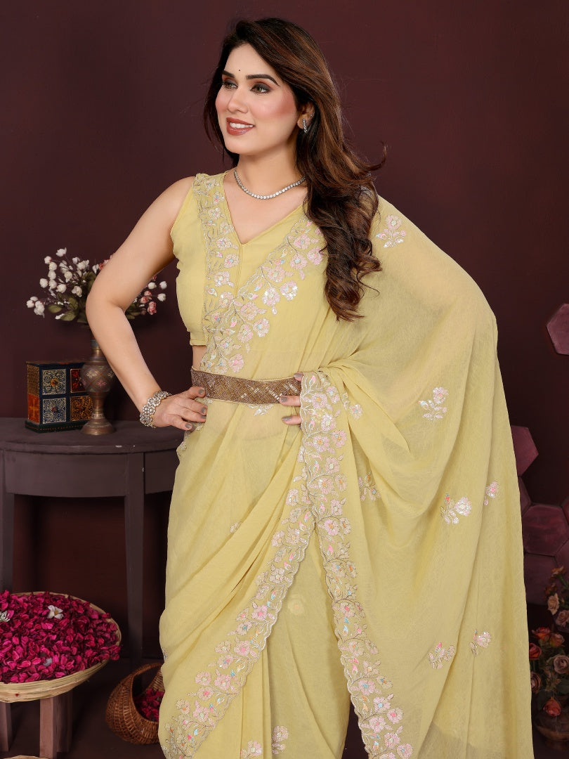 Vibrant Yellow Georgette Embroidery Work Saree with Matching Embroidered Blouse