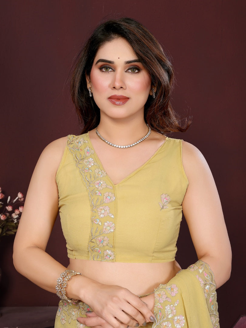 Vibrant Yellow Georgette Embroidery Work Saree with Matching Embroidered Blouse