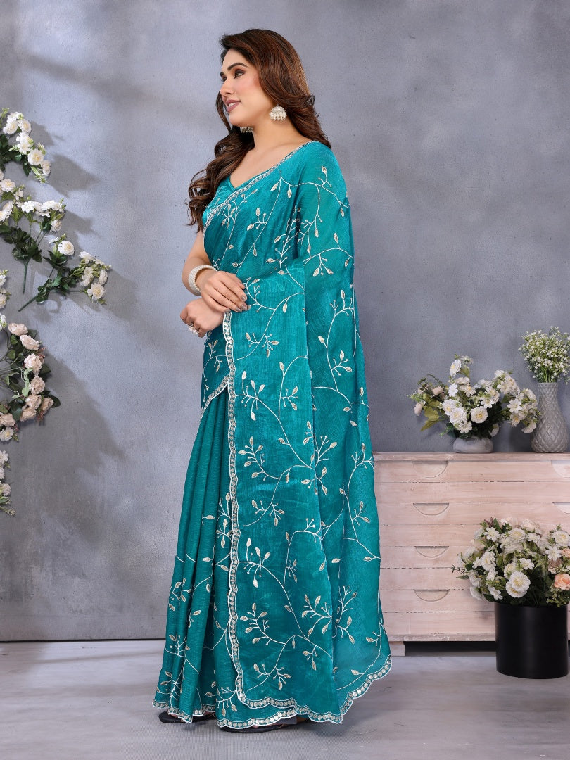 Elegant Firozi Jimmy Chu Fabric Embroidery Work Saree with Matching Embroidered Blouse