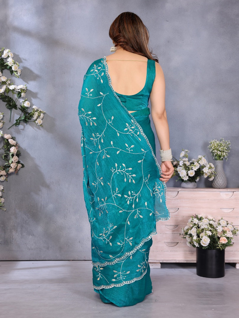 Elegant Firozi Jimmy Chu Fabric Embroidery Work Saree with Matching Embroidered Blouse