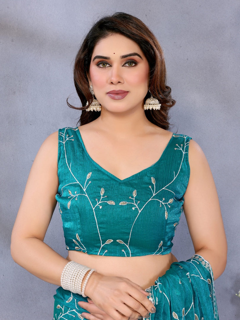 Elegant Firozi Jimmy Chu Fabric Embroidery Work Saree with Matching Embroidered Blouse