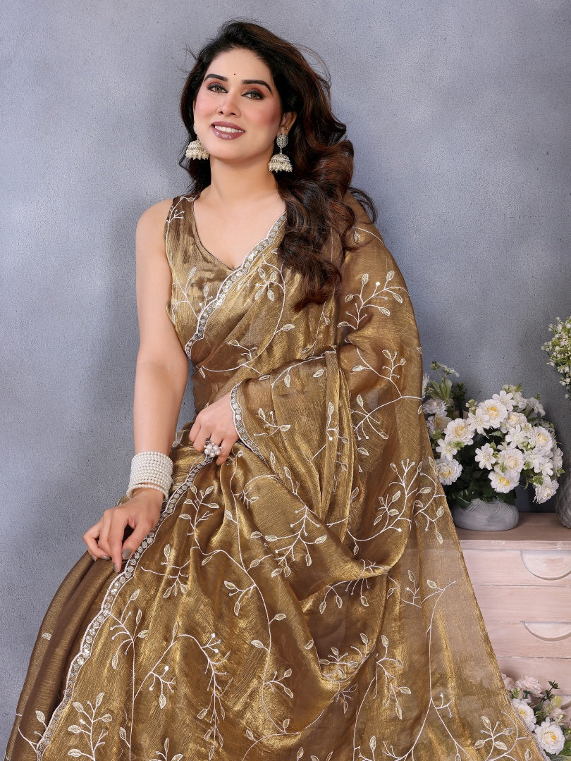 Royal Gold Jimmy Chu Fabric Embroidery Work Saree with Embroidered Blouse