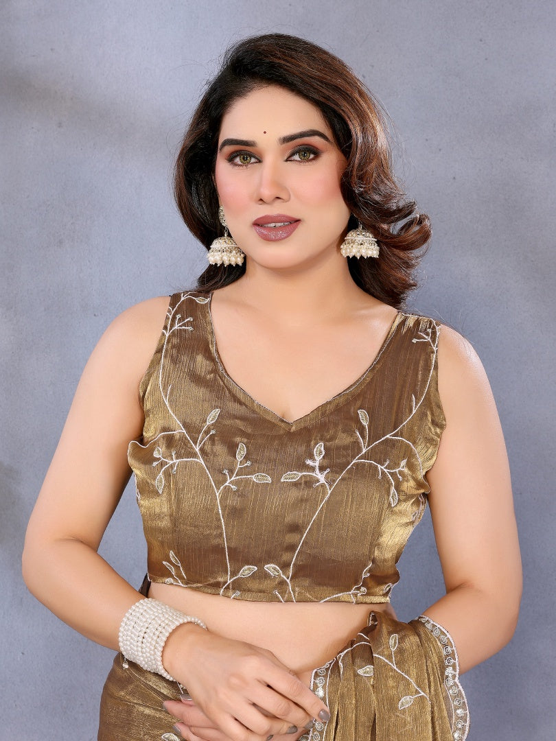 Royal Gold Jimmy Chu Fabric Embroidery Work Saree with Embroidered Blouse