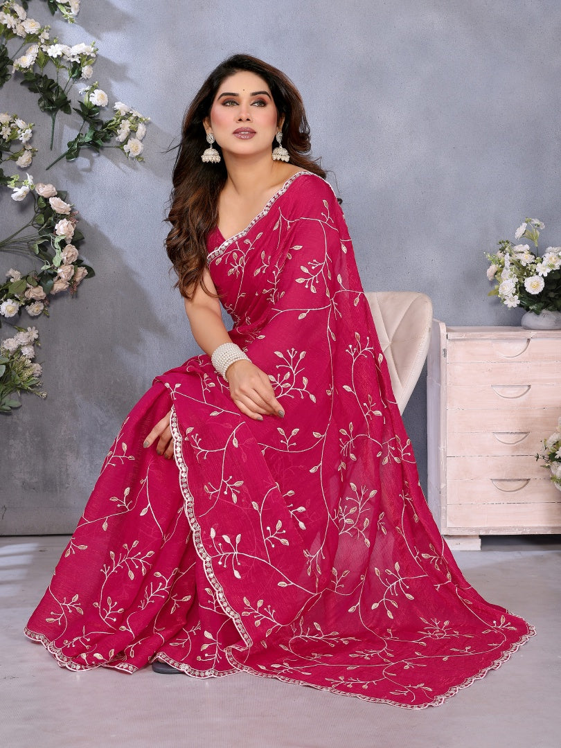 Graceful Pink Jimmy Chu Embroidery Work Saree with Matching Embroidered Blouse