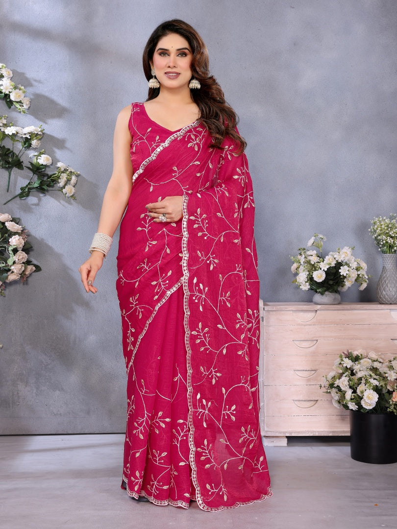 Graceful Pink Jimmy Chu Embroidery Work Saree with Matching Embroidered Blouse