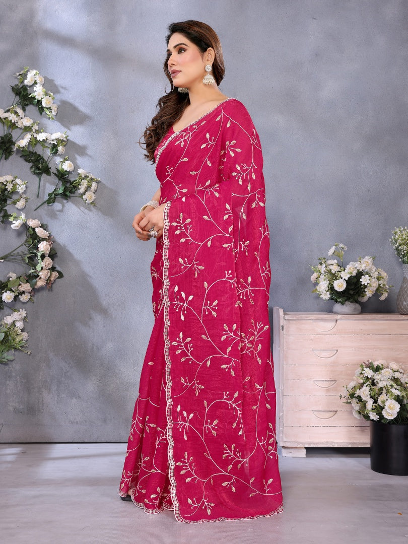 Graceful Pink Jimmy Chu Embroidery Work Saree with Matching Embroidered Blouse