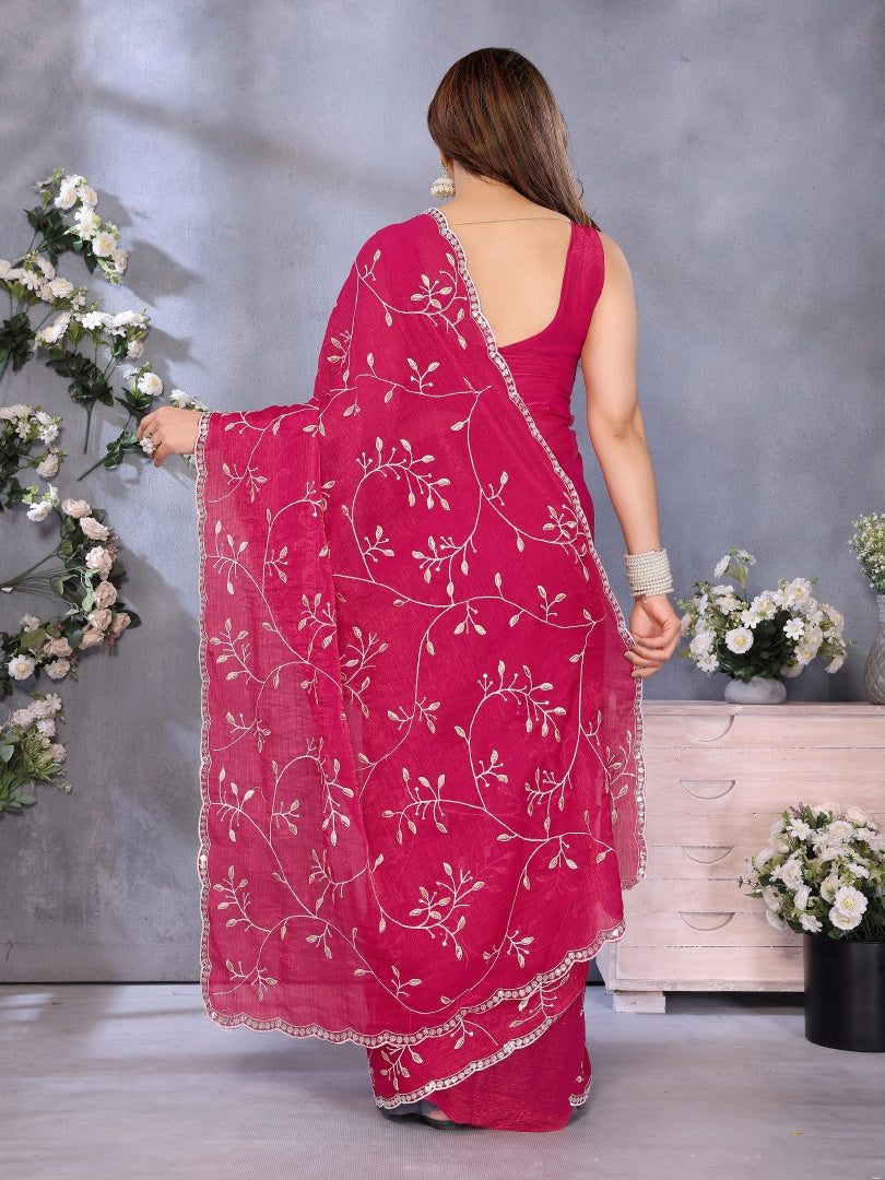 Graceful Pink Jimmy Chu Embroidery Work Saree with Matching Embroidered Blouse