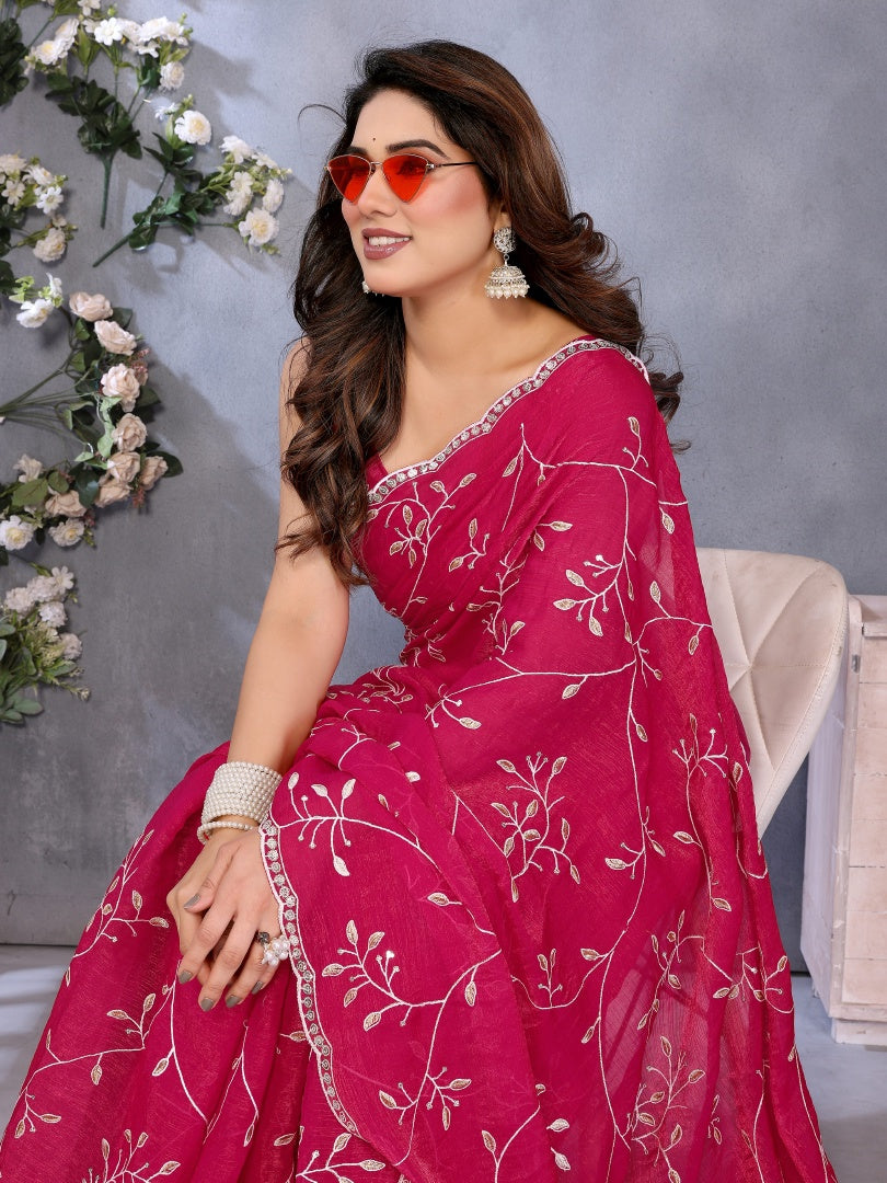 Graceful Pink Jimmy Chu Embroidery Work Saree with Matching Embroidered Blouse