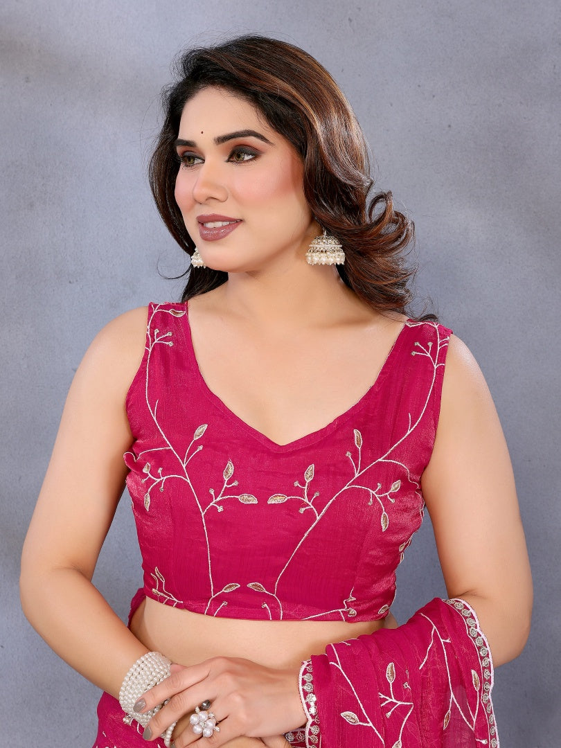 Graceful Pink Jimmy Chu Embroidery Work Saree with Matching Embroidered Blouse