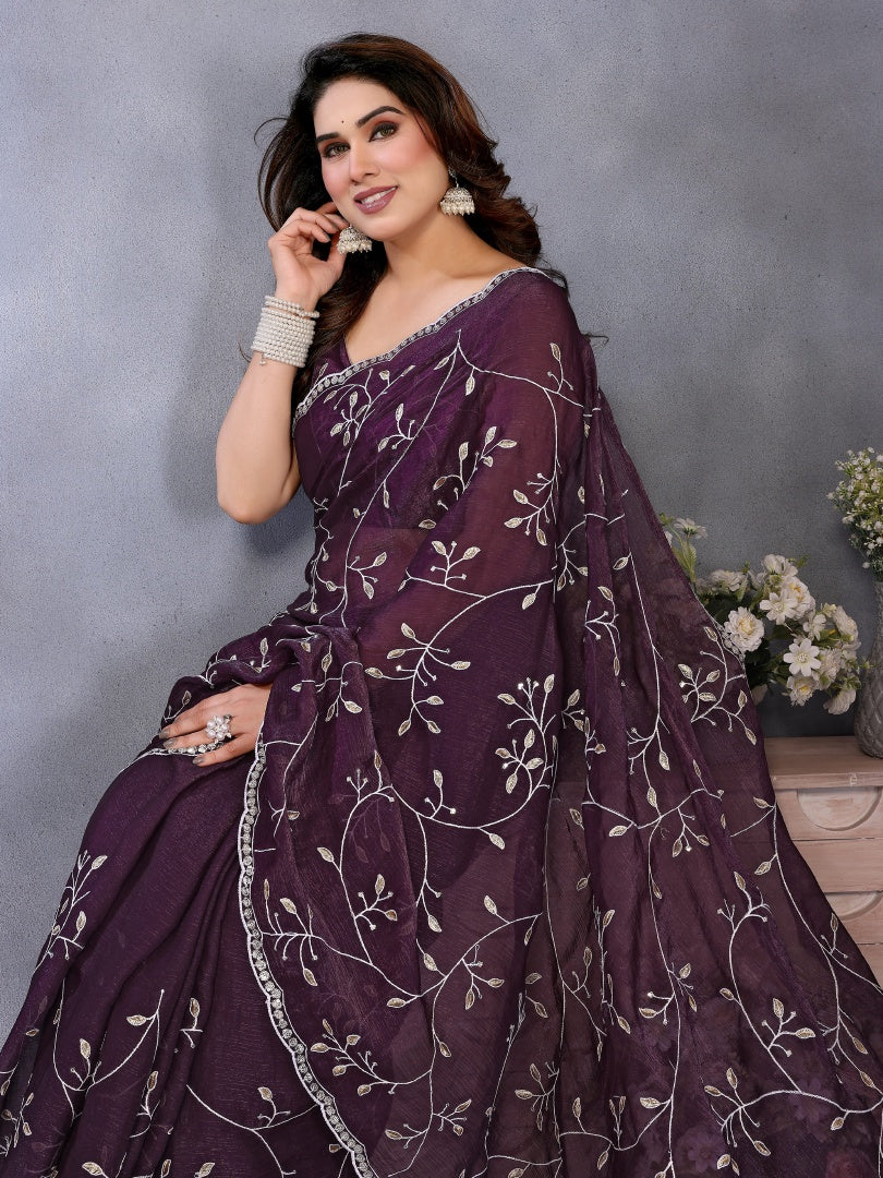 Royal Wine Jimmy Chu Embroidery Work Saree with Matching Embroidered Blouse