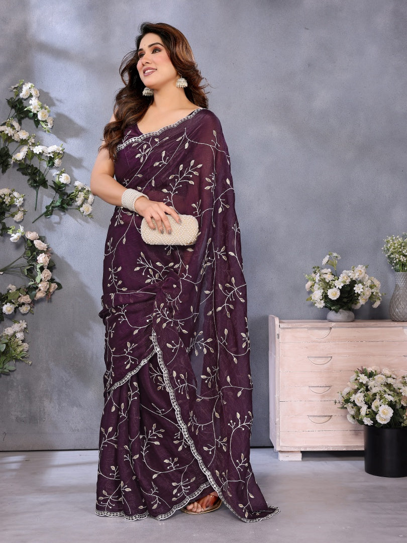 Royal Wine Jimmy Chu Embroidery Work Saree with Matching Embroidered Blouse