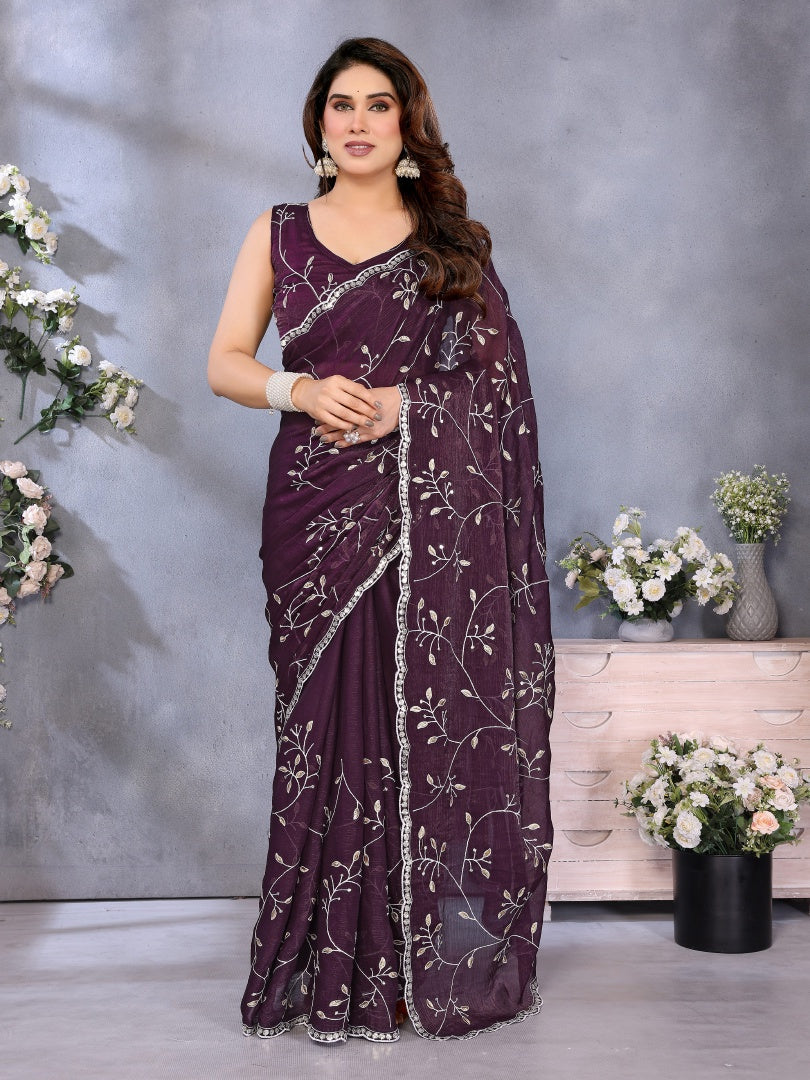 Royal Wine Jimmy Chu Embroidery Work Saree with Matching Embroidered Blouse