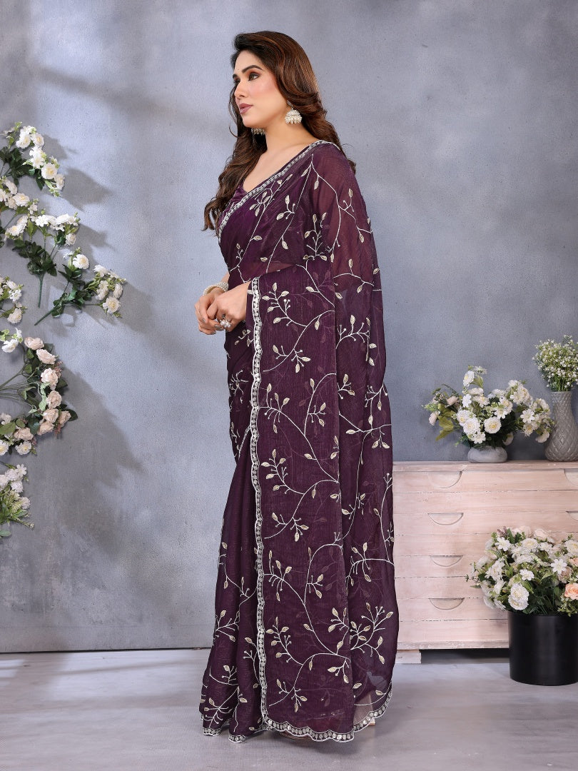 Royal Wine Jimmy Chu Embroidery Work Saree with Matching Embroidered Blouse