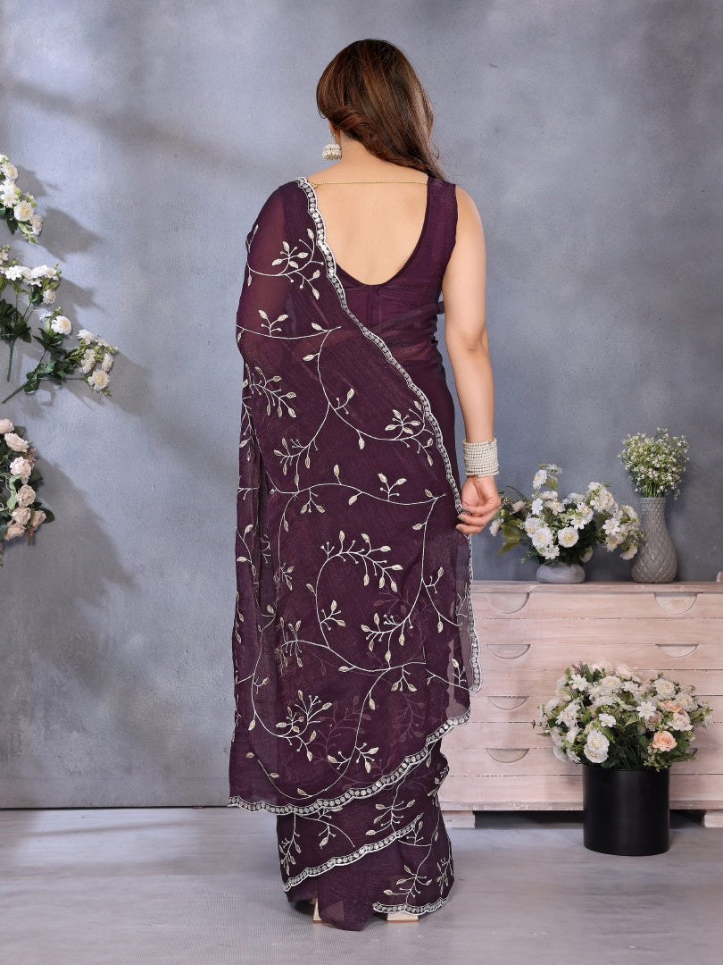Royal Wine Jimmy Chu Embroidery Work Saree with Matching Embroidered Blouse