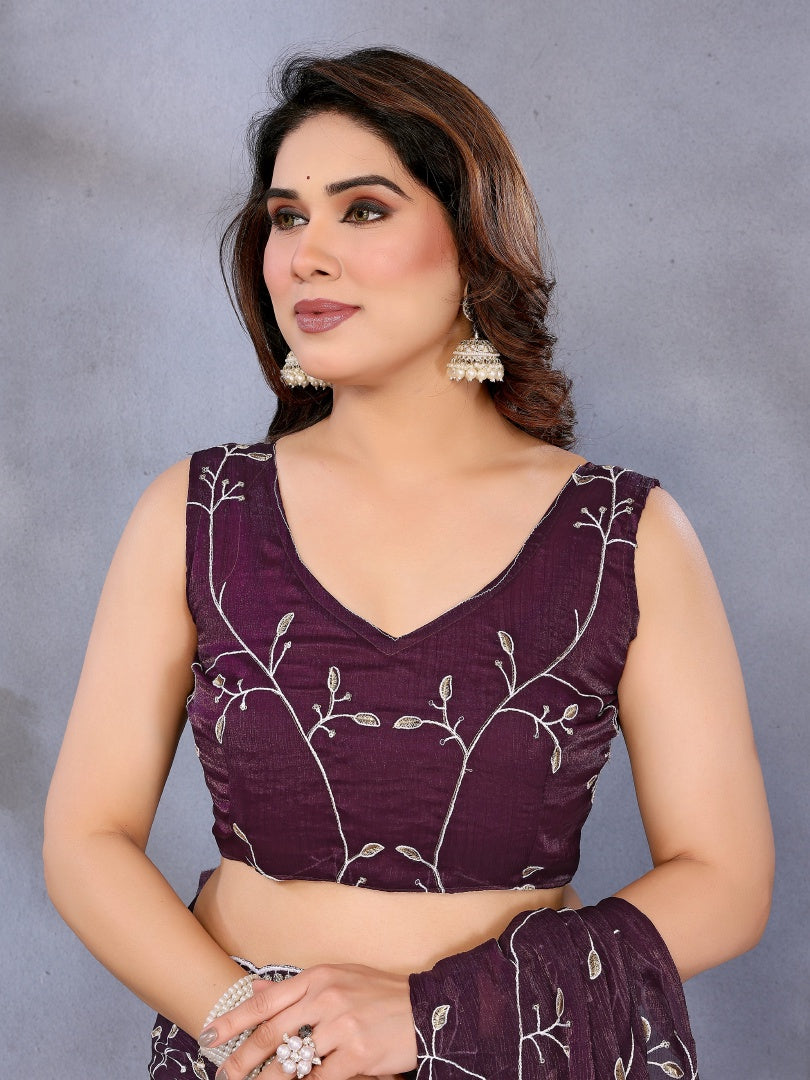 Royal Wine Jimmy Chu Embroidery Work Saree with Matching Embroidered Blouse