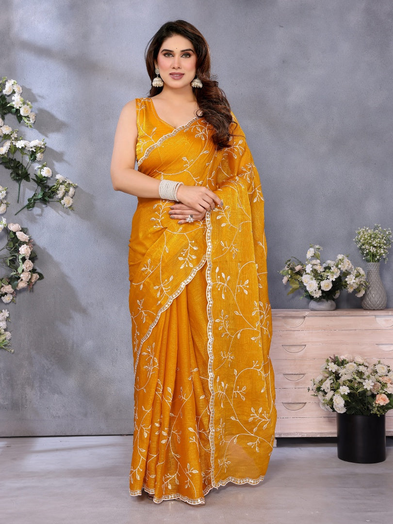 Bright Yellow Jimmy Chu Fabric Embroidery Work Saree with Embroidered Blouse