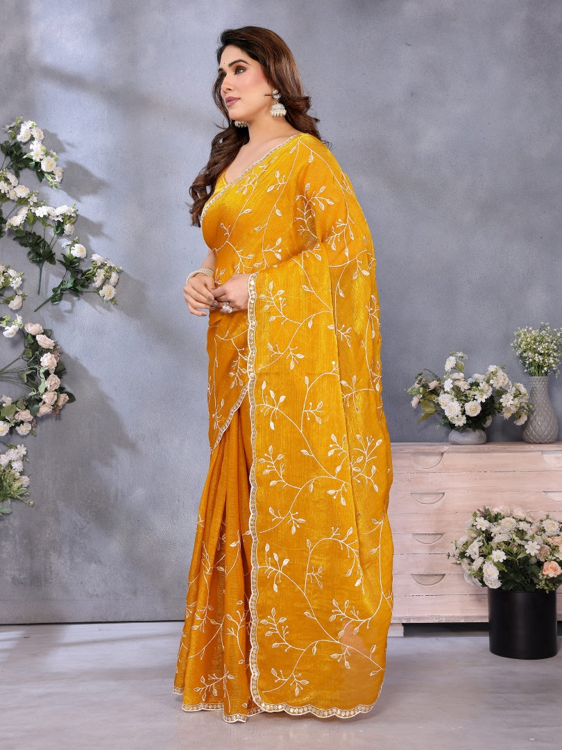 Bright Yellow Jimmy Chu Fabric Embroidery Work Saree with Embroidered Blouse