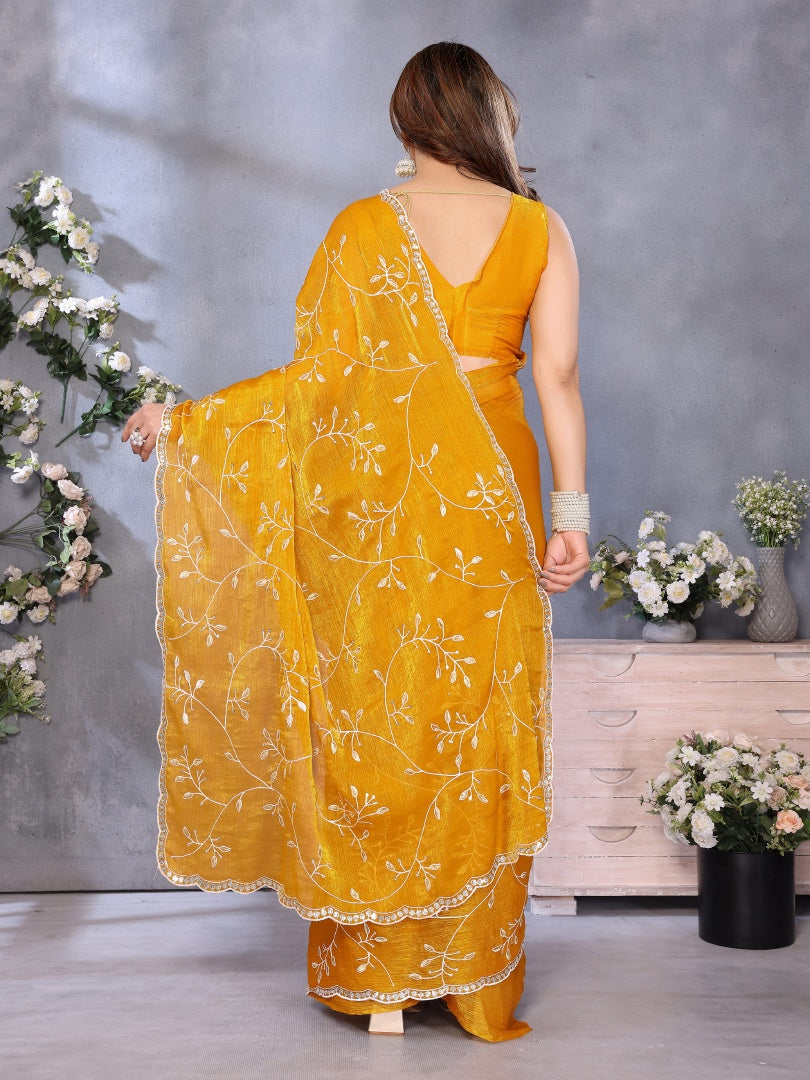 Bright Yellow Jimmy Chu Fabric Embroidery Work Saree with Embroidered Blouse