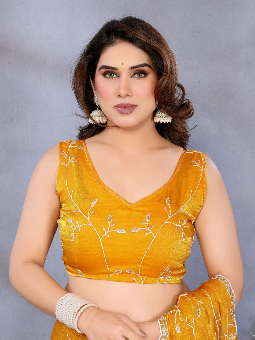 Bright Yellow Jimmy Chu Fabric Embroidery Work Saree with Embroidered Blouse