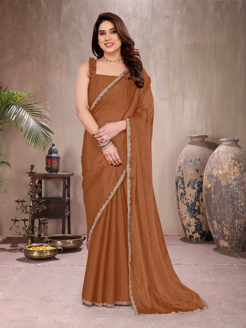 Elegant Browne Star Georgette Plain Saree with Work Lace & Matching Blouse