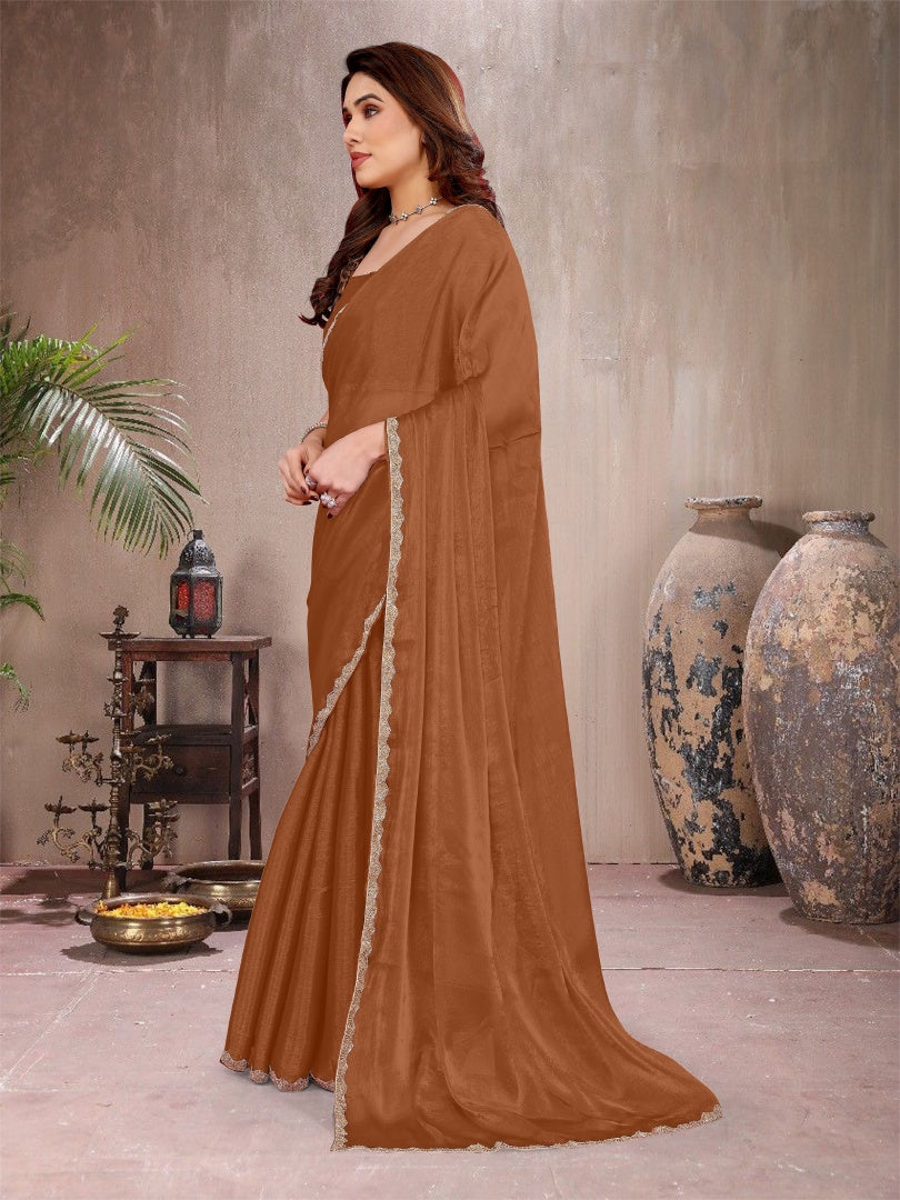 Elegant Browne Star Georgette Plain Saree with Work Lace & Matching Blouse