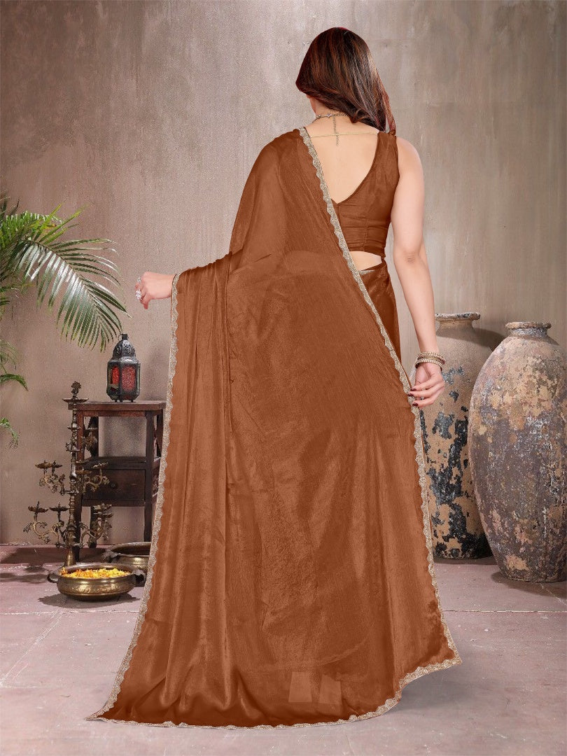 Elegant Browne Star Georgette Plain Saree with Work Lace & Matching Blouse
