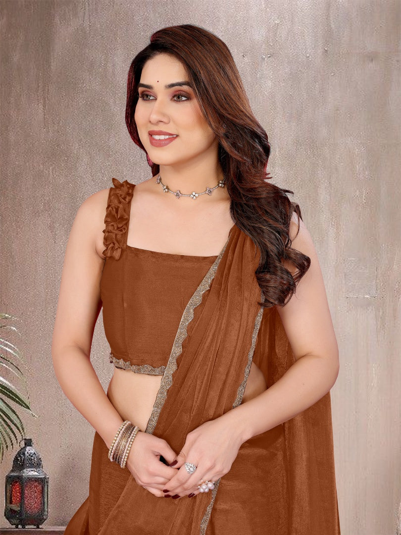 Elegant Browne Star Georgette Plain Saree with Work Lace & Matching Blouse