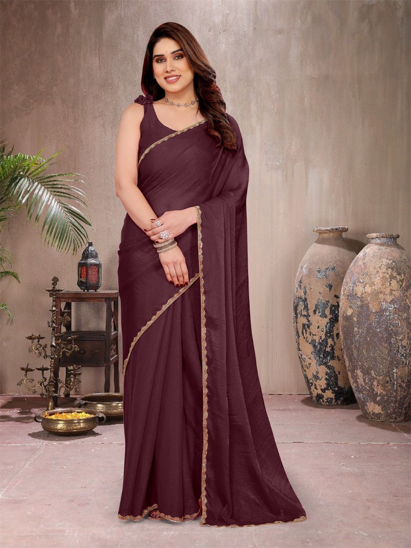 Stylish Burgundy Star Georgette Saree with Work Lace Border & Matching Blouse