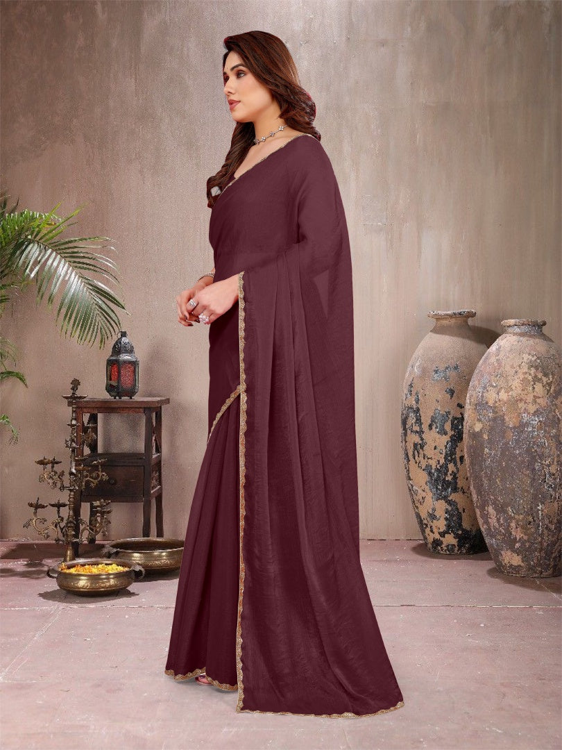 Stylish Burgundy Star Georgette Saree with Work Lace Border & Matching Blouse