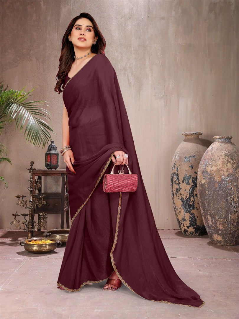 Stylish Burgundy Star Georgette Saree with Work Lace Border & Matching Blouse