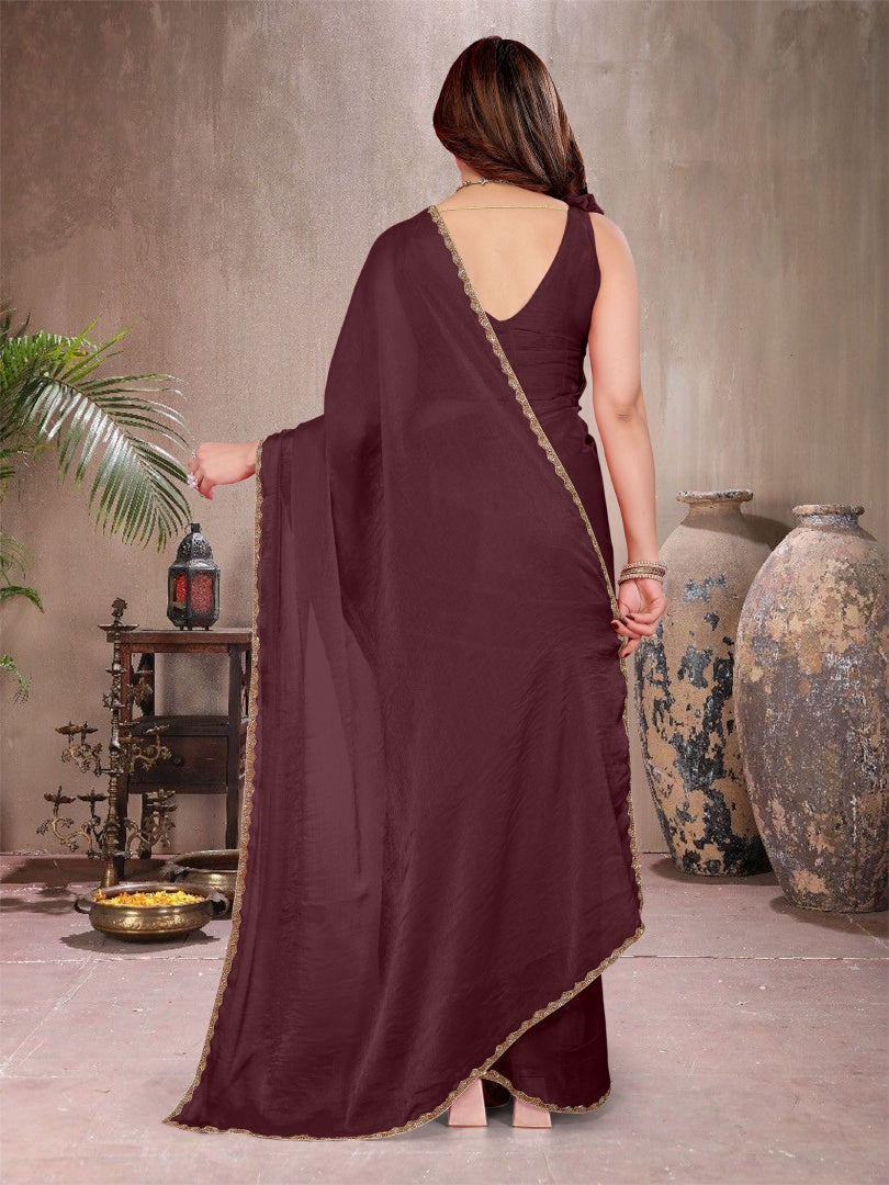 Stylish Burgundy Star Georgette Saree with Work Lace Border & Matching Blouse