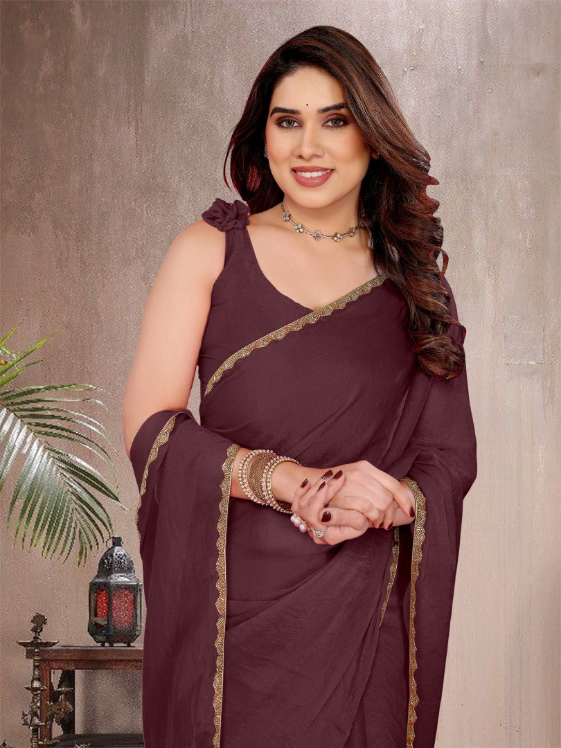 Stylish Burgundy Star Georgette Saree with Work Lace Border & Matching Blouse