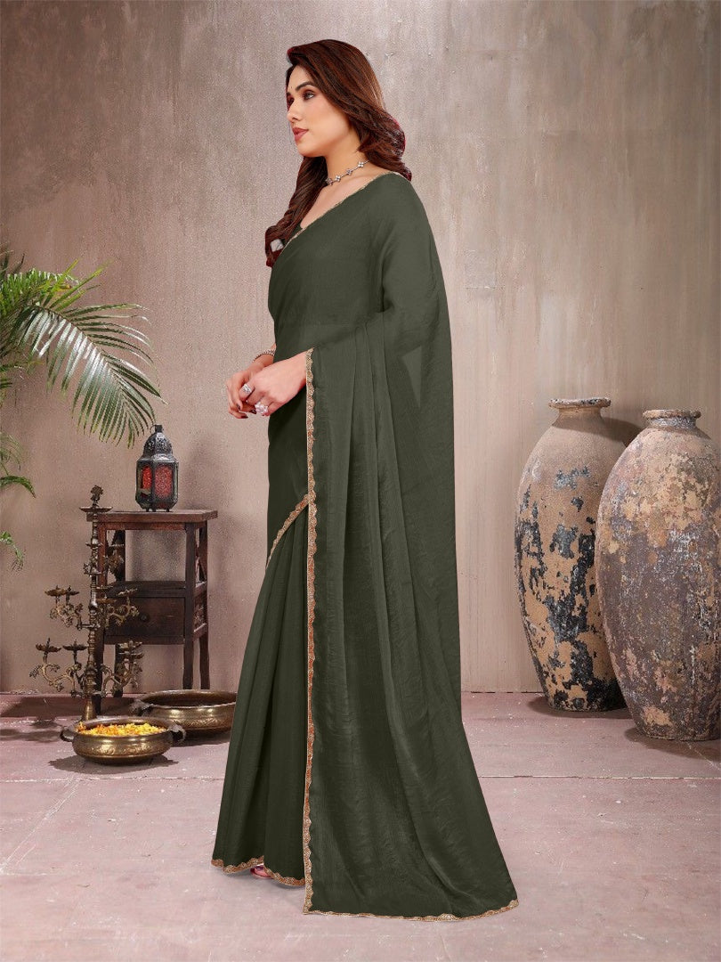 Graceful Green Star Georgette Plain Saree with Work Lace & Matching Blouse