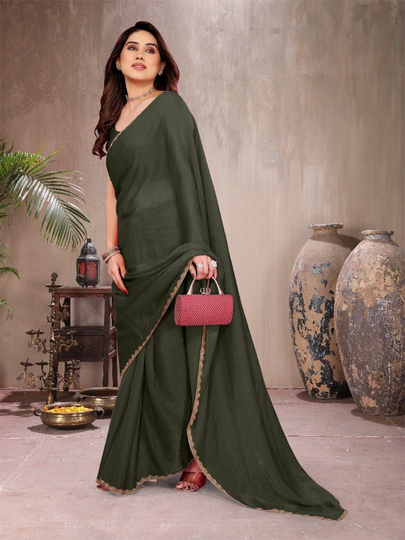 Graceful Green Star Georgette Plain Saree with Work Lace & Matching Blouse