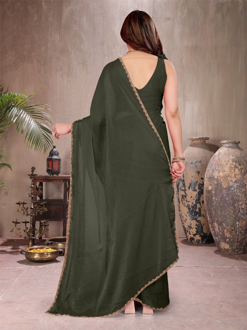Graceful Green Star Georgette Plain Saree with Work Lace & Matching Blouse