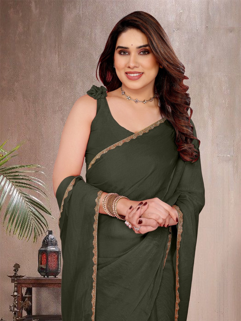 Graceful Green Star Georgette Plain Saree with Work Lace & Matching Blouse