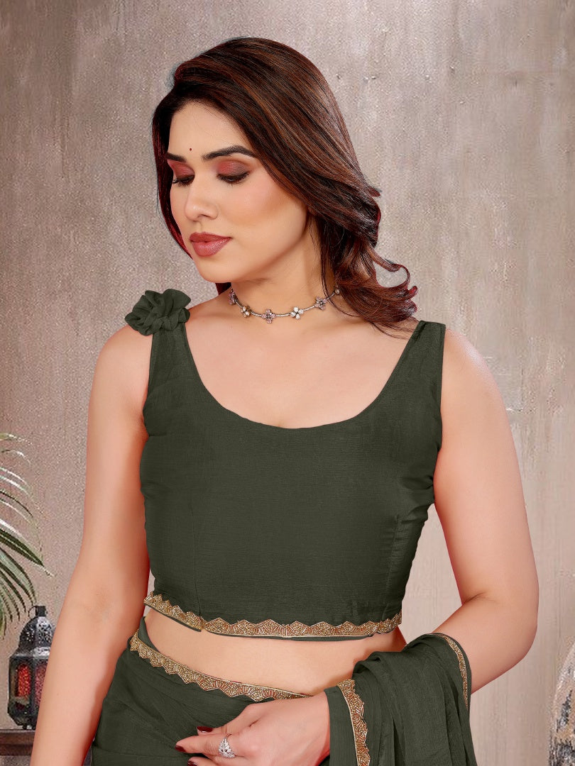 Graceful Green Star Georgette Plain Saree with Work Lace & Matching Blouse